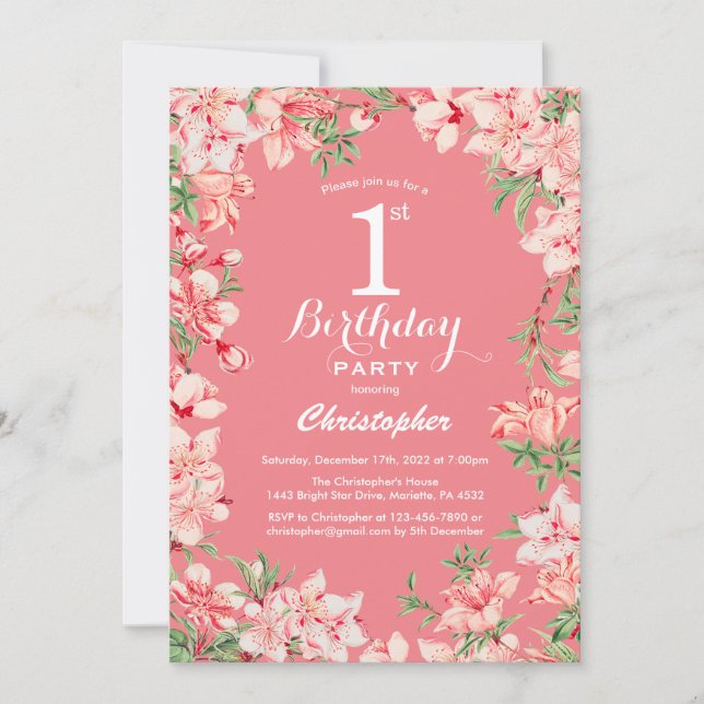 Invitación 1.ᵉʳ Cumpleaños Flores Botánicas Florales De Boho  (Anverso)