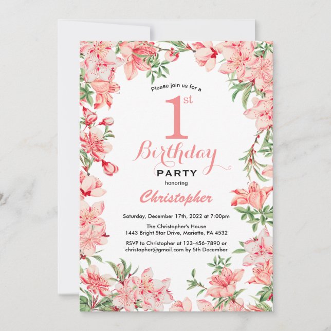 Invitación 1.ᵉʳ Cumpleaños Flores Botánicas Florales De Boho  (Anverso)