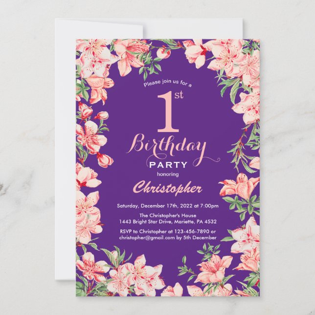 Invitación 1.ᵉʳ cumpleaños Flores de flores rosadas violeta p (Anverso)