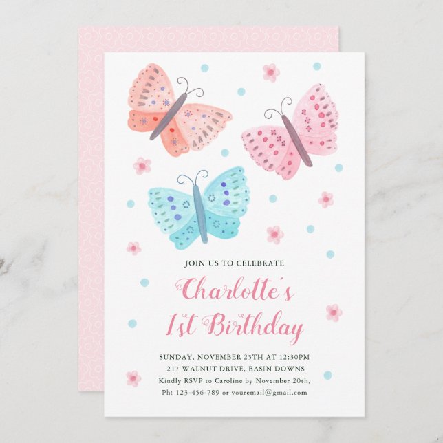 Invitación 1.ᵉʳ cumpleaños Flores de mariposa acuarela rosa (Anverso / Reverso)