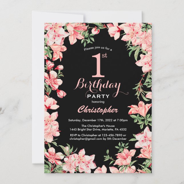 Invitación 1.ᵉʳ cumpleaños Flores florales rosas fondo negro (Anverso)