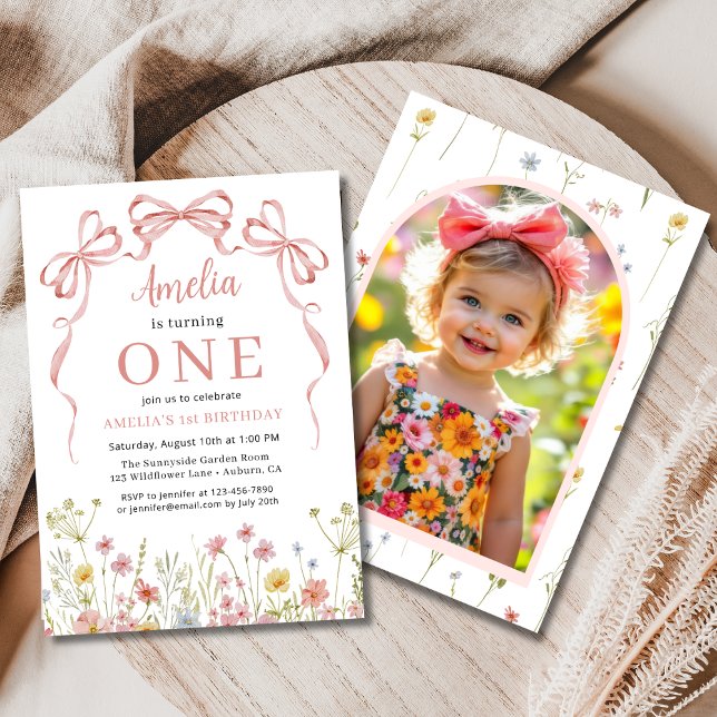 Invitación 1.ᵉʳ cumpleaños Foto Coquette rosa Flor silvestre (Subido por el creador)