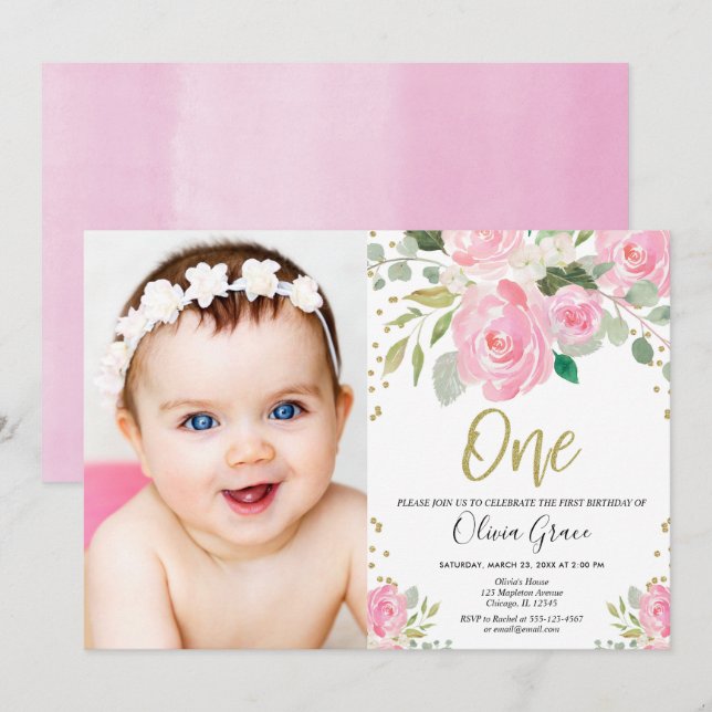 Invitación 1.ᵉʳ cumpleaños foto floral de oro rosa (Anverso / Reverso)