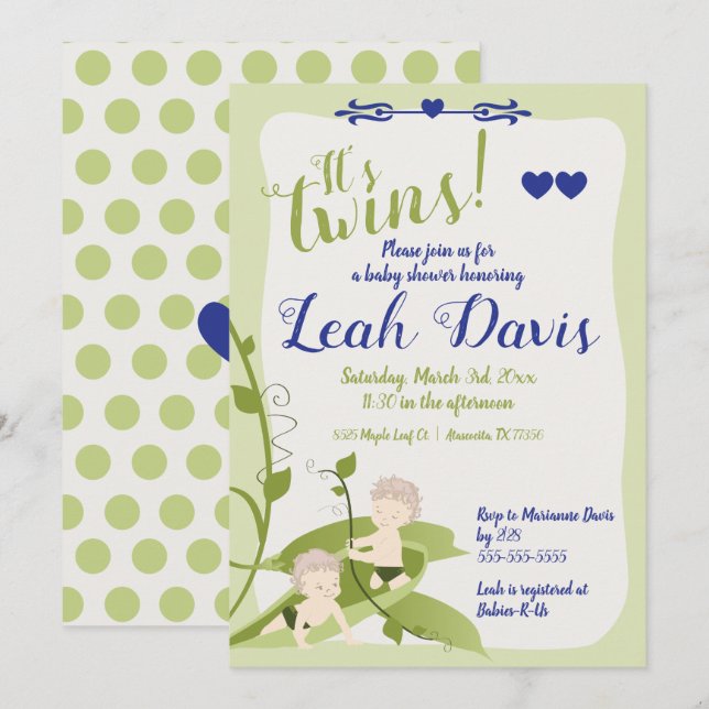 Invitación 1.ᵉʳ cumpleaños, gemelos Baby Shower Sweet Peas Bo (Anverso / Reverso)