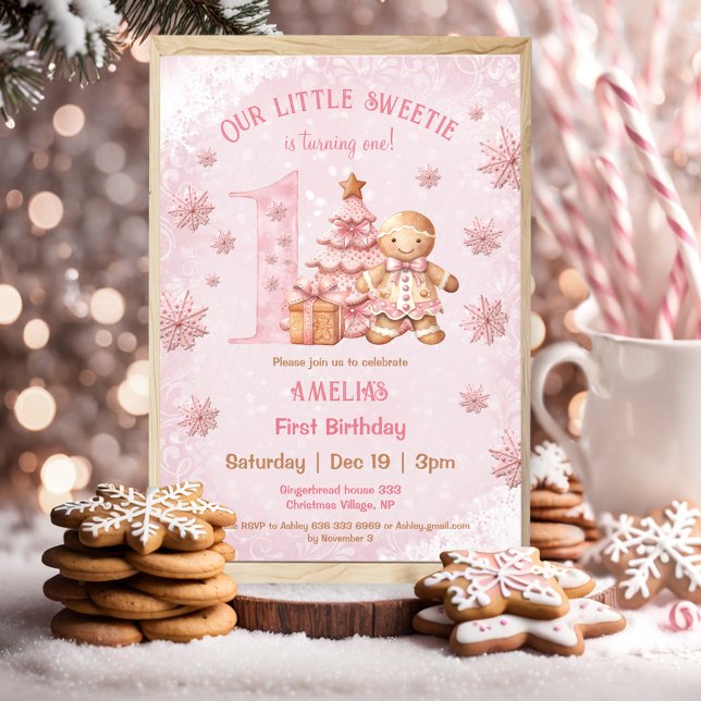 Invitación 1.ᵉʳ cumpleaños Gingerbread Chicas Navidades rosad (1st Birthday Gingerbread Man Girl Pink Christmas Invitation)