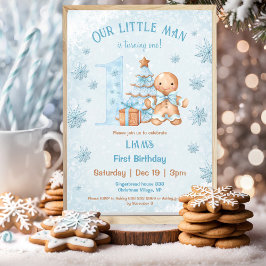 Invitación 1.ᵉʳ cumpleaños Gingerbread Man Boy Navidades Azul