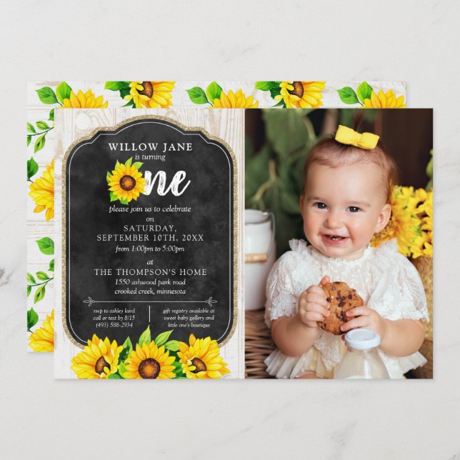 Invitación 1.ᵉʳ cumpleaños Girasol y una foto rústica en el c (Anverso / Reverso)
