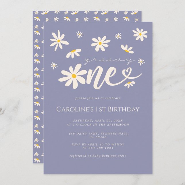 Invitación 1.ᵉʳ cumpleaños Groovy One Daisy Boho Purple (Anverso / Reverso)