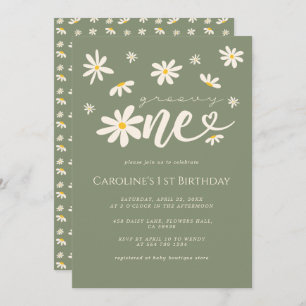 Invitación 1.ᵉʳ cumpleaños Groovy One Daisy Green Boho