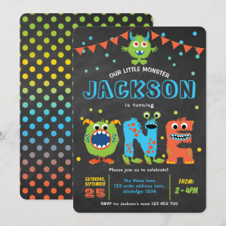 Invitación 1.ᵉʳ cumpleaños lindo fiesta monstruo tiza