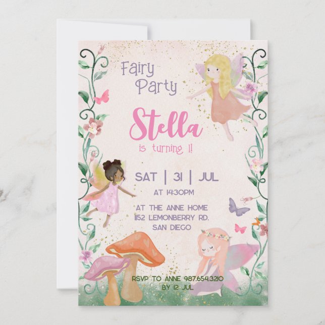 Invitación 1.ᵉʳ Cumpleaños Magical Fairy Floral Garden Pixie (Anverso)