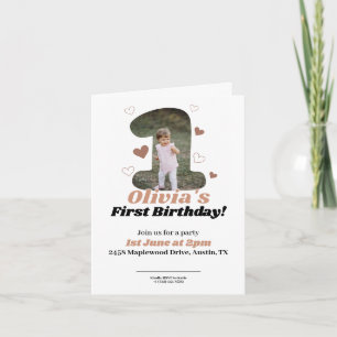 Invitación 1.ᵉʳ cumpleaños Minimalista Beige Teddy Hearts