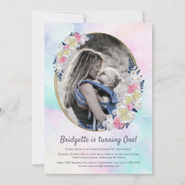 Invitación 1.ᵉʳ cumpleaños primavera Chica floral rosa azul