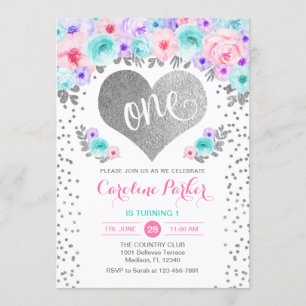 Invitación 1.ᵉʳ cumpleaños - Púrpura Verde azulado del corazó