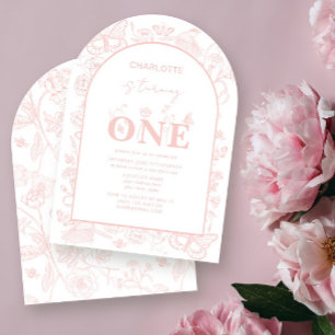 Invitación 1.ᵉʳ cumpleaños Rubor Pink Floral se vuelve uno