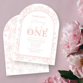 Invitación 1.ᵉʳ cumpleaños Rubor Pink Floral se vuelve uno