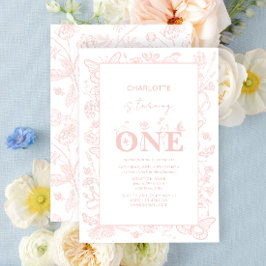 Invitación 1.ᵉʳ cumpleaños Rubor Pink Floral se vuelve uno