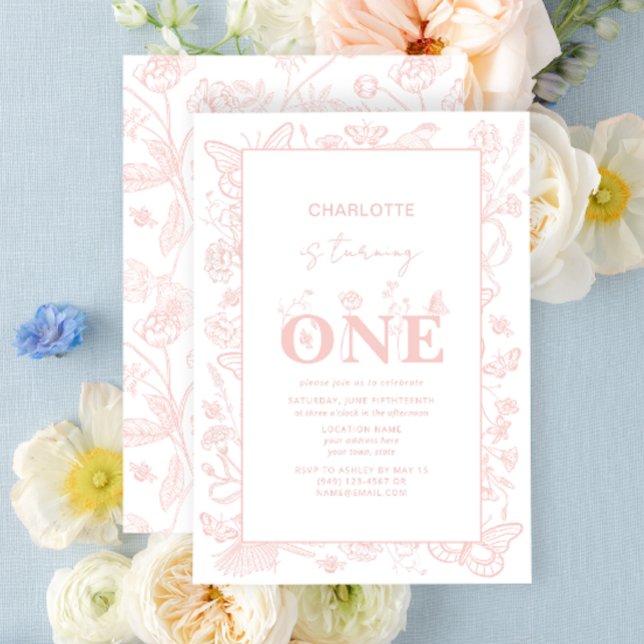 Invitación 1.ᵉʳ cumpleaños Rubor Pink Floral se vuelve uno (1st Birthday Invitation)