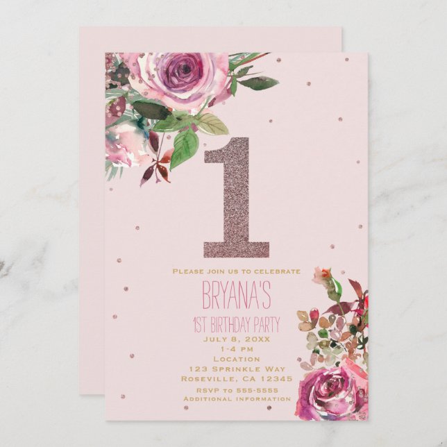 Invitación 1.ᵉʳ cumpleaños Rubor Pink Rose Gold Floral Modern (Anverso / Reverso)