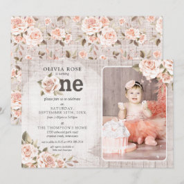 Invitación 1.ᵉʳ Cumpleaños Rústica Madera Shabby Chic Rosas F