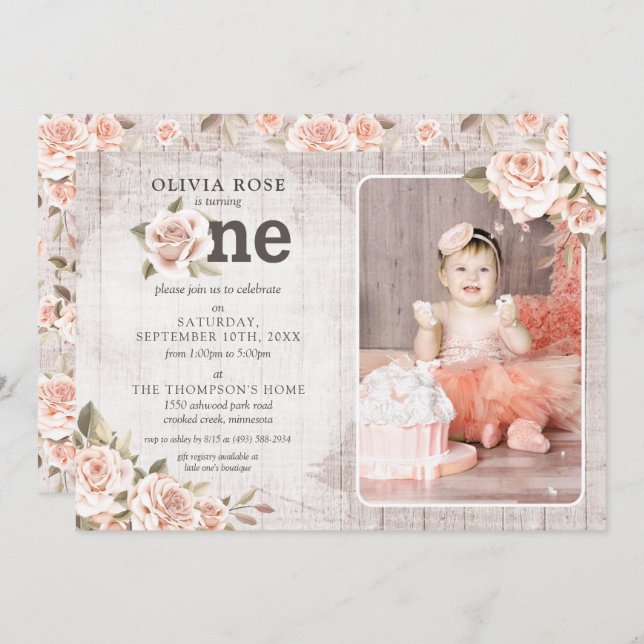 Invitación 1.ᵉʳ Cumpleaños Rústica Madera Shabby Chic Rosas F (Anverso / Reverso)