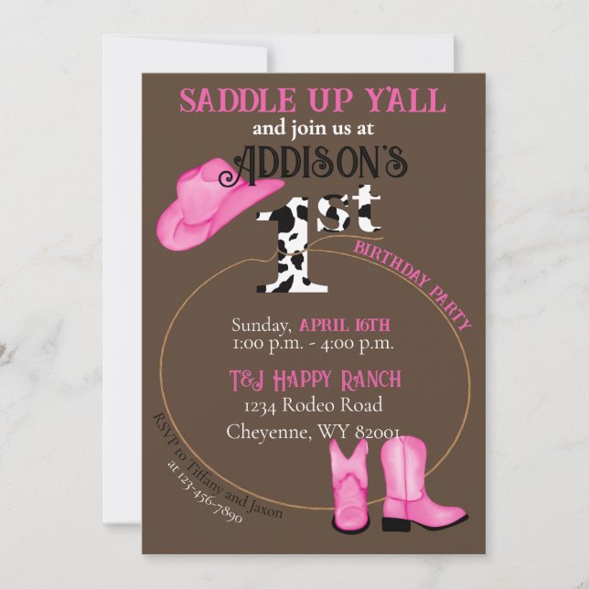 Invitación 1.ᵉʳ cumpleaños Saddle Up Cowgirl Boots Gorra y La (Anverso)