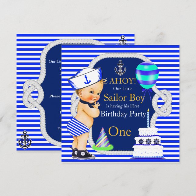 Invitación 1.ᵉʳ cumpleaños Sailor Boy Navy Blue Stripe Blonde (Anverso / Reverso)
