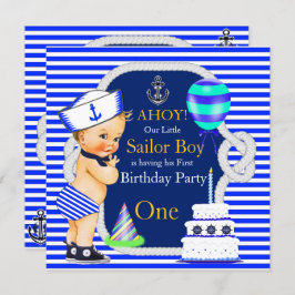 Invitación 1.ᵉʳ cumpleaños Sailor Boy Navy Blue Stripe Blonde