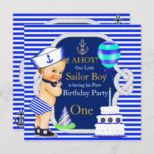 Invitación 1.ᵉʳ cumpleaños Sailor Boy Navy Blue Stripe Blonde
