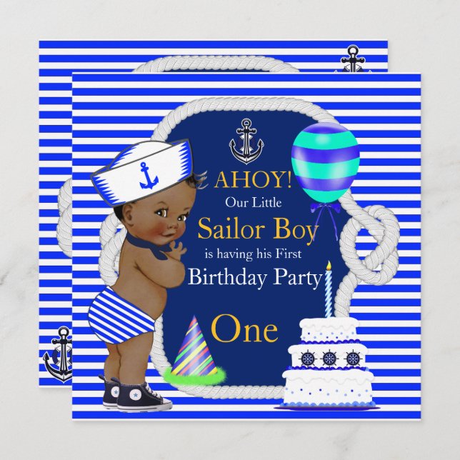 Invitación 1.ᵉʳ cumpleaños Sailor Boy Navy Blue Stripe Ethnic (Anverso / Reverso)