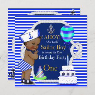 Invitación 1.ᵉʳ cumpleaños Sailor Boy Navy Blue Stripe Ethnic