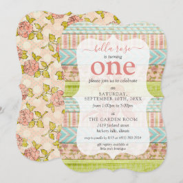 Invitación 1.ᵉʳ cumpleaños Shabby Chic Rosas Cottage Wood Flo