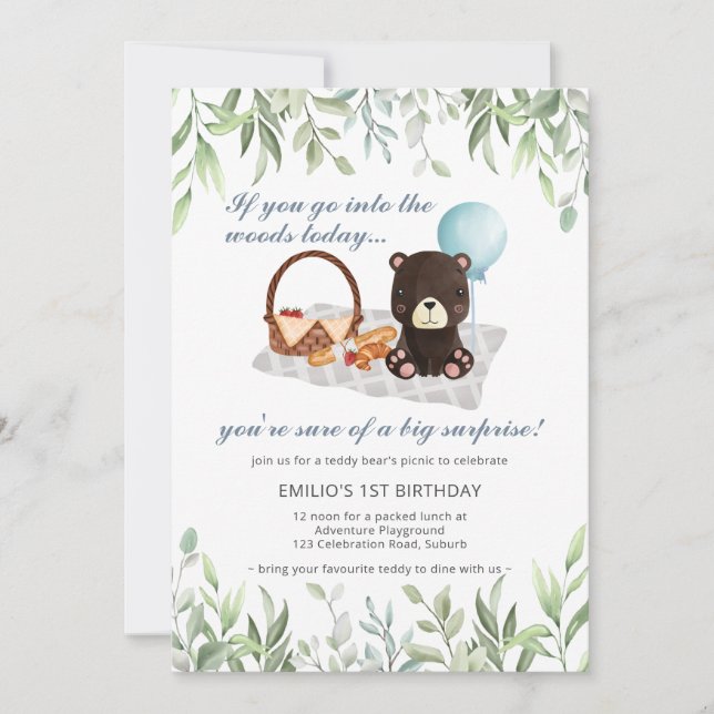 Invitación 1.ᵉʳ cumpleaños Teddy Bear Picnic Blue Greenery In (Anverso)