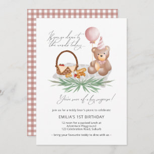 Invitación 1.ᵉʳ cumpleaños Teddy Bear Picnic Check