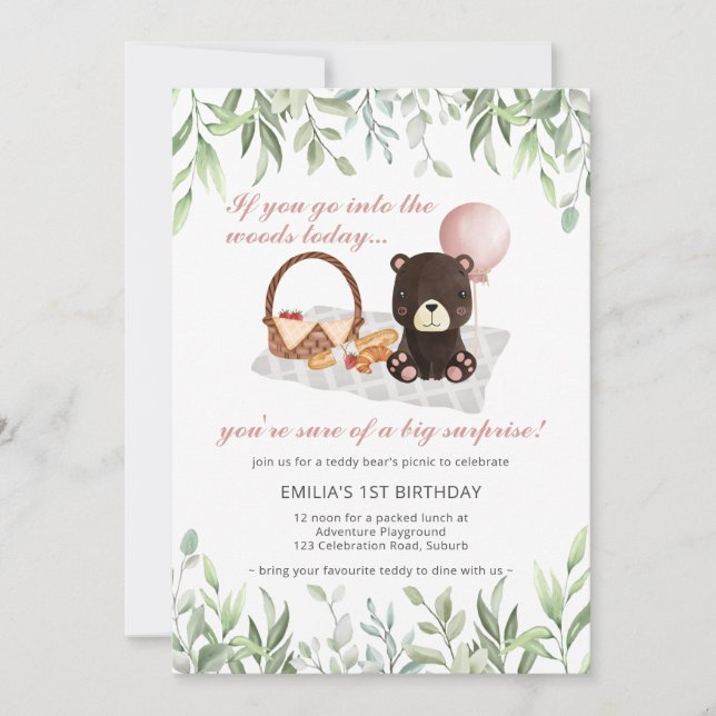 Invitación 1.ᵉʳ cumpleaños Teddy Bear Picnic Pink Greenery (Anverso)