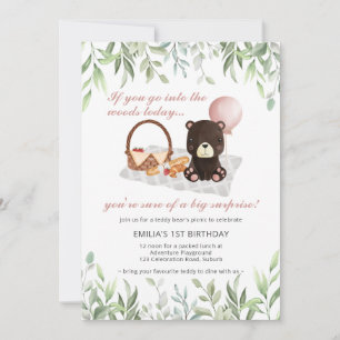 Invitación 1.ᵉʳ cumpleaños Teddy Bear Picnic Pink Greenery