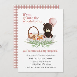 Invitación 1.ᵉʳ cumpleaños Teddy Bear Picnic Rosado comprobad