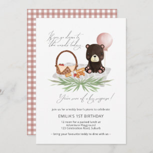 Invitación 1.ᵉʳ cumpleaños Teddy Bear Picnic Rosado comprobad