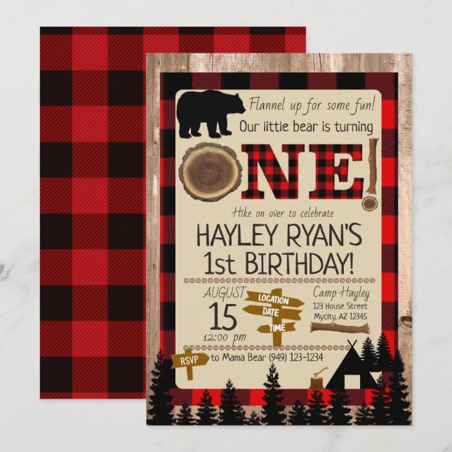 Invitación 1.ᵉʳ Cumpleaños Temática de Lumberjack de Oso Pequ (Anverso / Reverso)