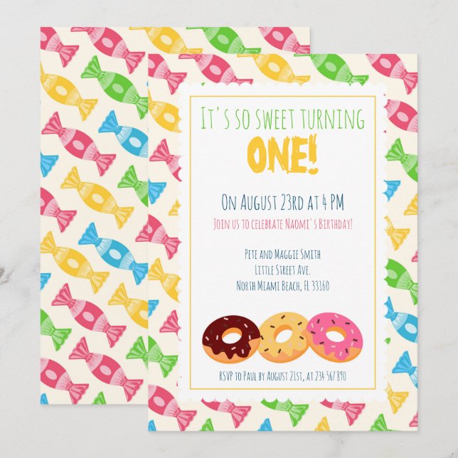 Invitación 1.ᵉʳ cumpleaños tres donuts bebé fiesta (Anverso / Reverso)