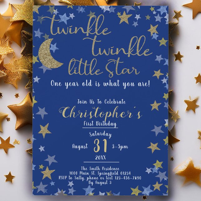 Invitación 1.ᵉʳ Cumpleaños Twinkle Pequeño Estrella Gold Boy (Subido por el creador)