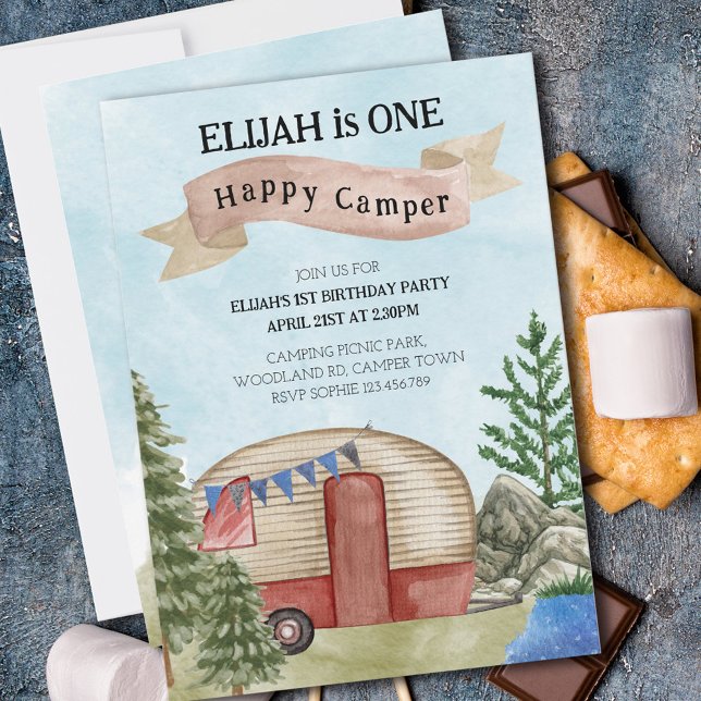 Invitación 1.ᵉʳ cumpleaños un campamento feliz de camper (Subido por el creador)