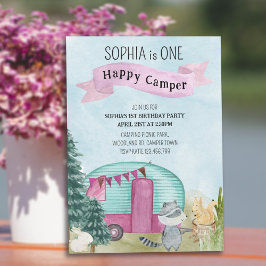 Invitación 1.ᵉʳ cumpleaños un campamento feliz en Woodland