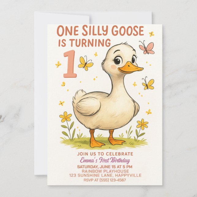 Invitación 1.ᵉʳ cumpleaños, una gallina loca para la niña (Anverso)