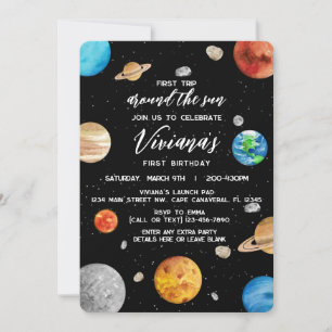 Invitación 1.ᵉʳ cumpleaños - viaje alrededor del espacio sola