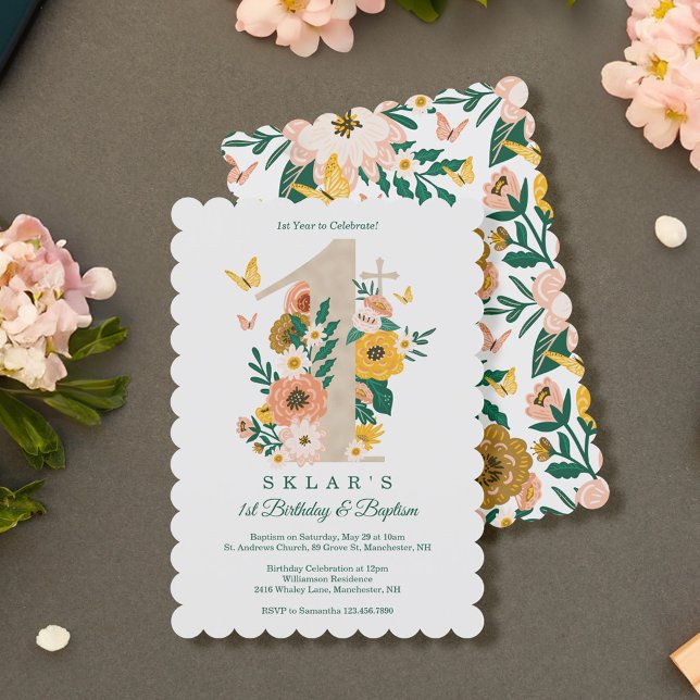 Invitación 1.ᵉʳ cumpleaños y bautismo Primavera Florales Mari (1st Birthday & Baptism Spring Florals Butterflies Invitation)