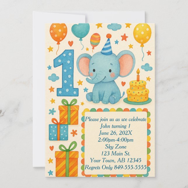 Invitación 1.ᵉʳ Elefante de cumpleaños, globos, pasteles y re (Anverso)
