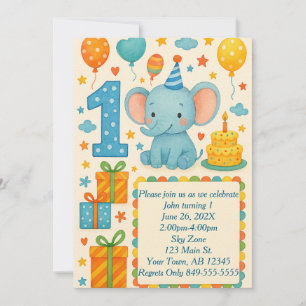Invitación 1.ᵉʳ Elefante de cumpleaños, globos, pasteles y re