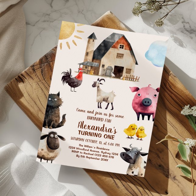 Invitación 1.ᵉʳ Fiesta de Barnyard Animales de granja de cump (Subido por el creador)