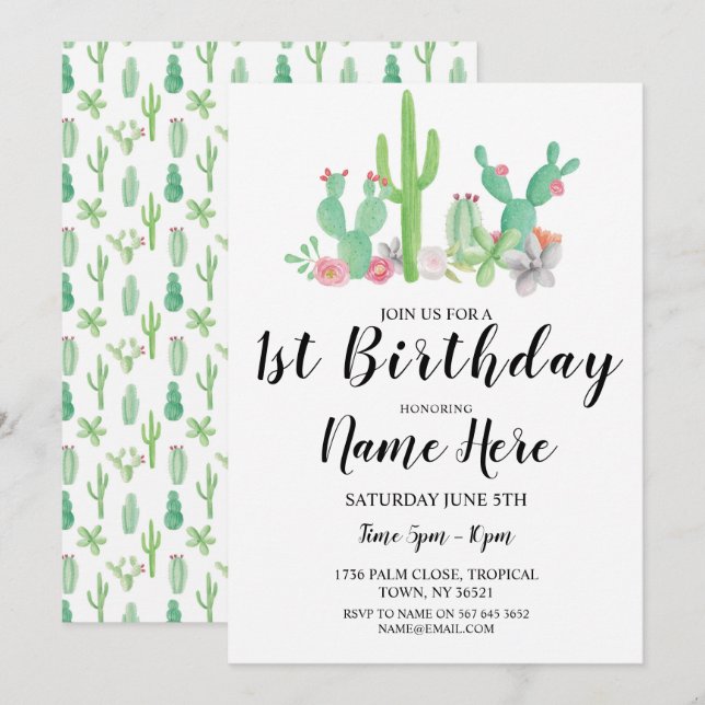 Invitación 1.ᵉʳ Fiesta de cumpleaños acuarela Cactus Cacti Un (Anverso / Reverso)